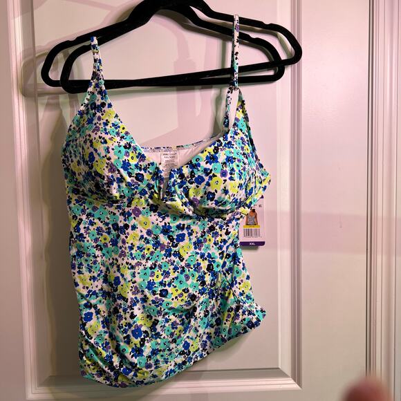 Anne Cole Floral Tankini Swim Top Blue Green White XXL NWT - Picture 1 of 3